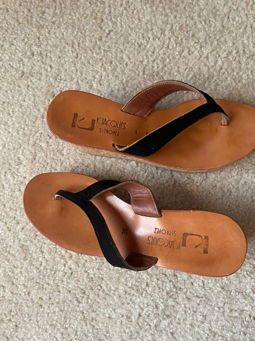 K.Jacques Black and Tan Leather Thong Sandals size 38